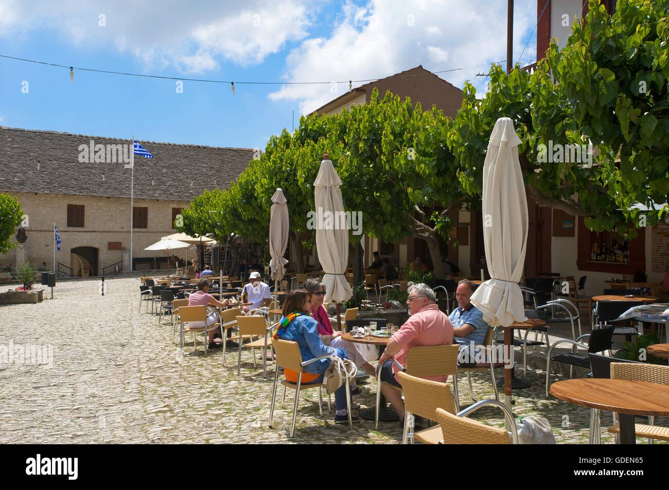 Street Cafe in Omodos, Troodos Mountains, Republic of Cyprus Stock Photo