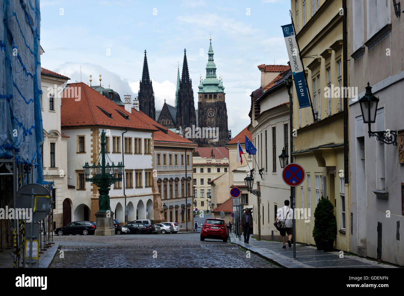 Cobbled street near the Castle in the centre of Prague (Praha) in the Czech Republic. Stock Photo
