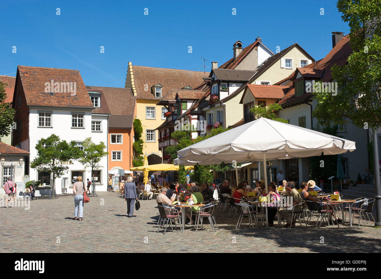 Street cafe in Meersburg, Lake Constance, Baden-Wuerttemberg, Germany Stock Photo