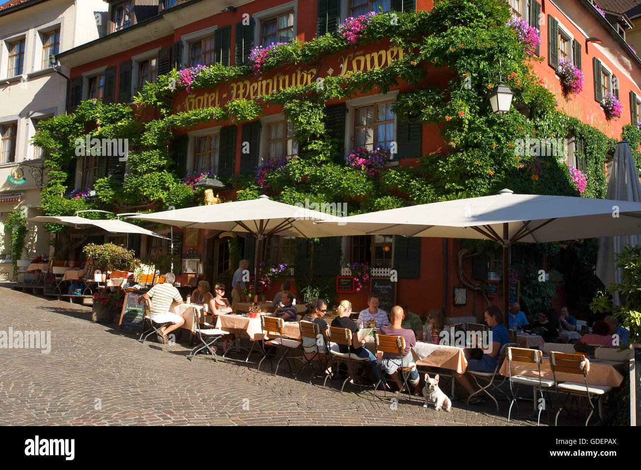 Street Cafe in Meersburg, Lake Constance, Baden-Wuerttemberg, Germany Stock Photo