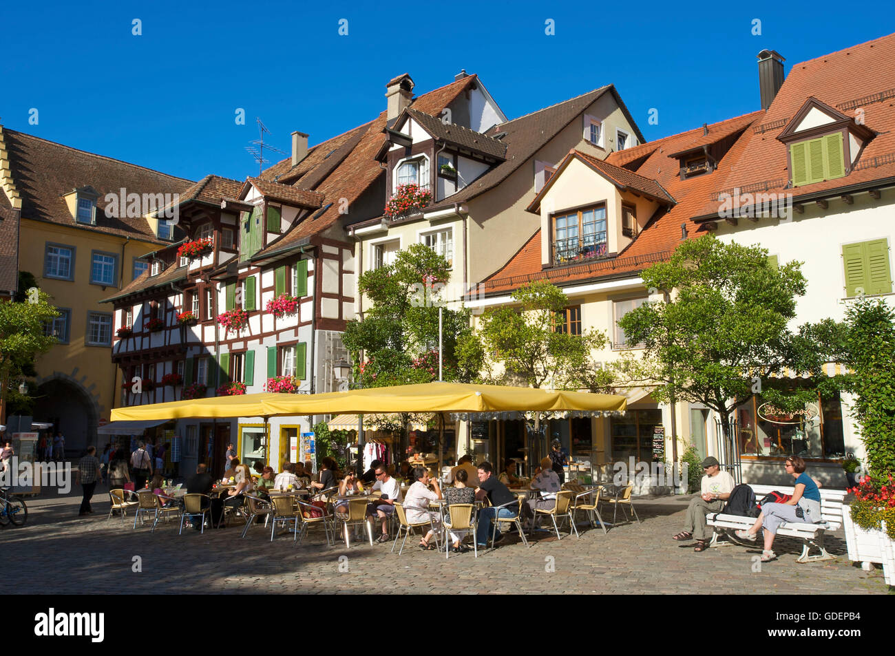 Street Cafe in Meersburg,  Lake Constance, Baden-Wuerttemberg, Germany Stock Photo