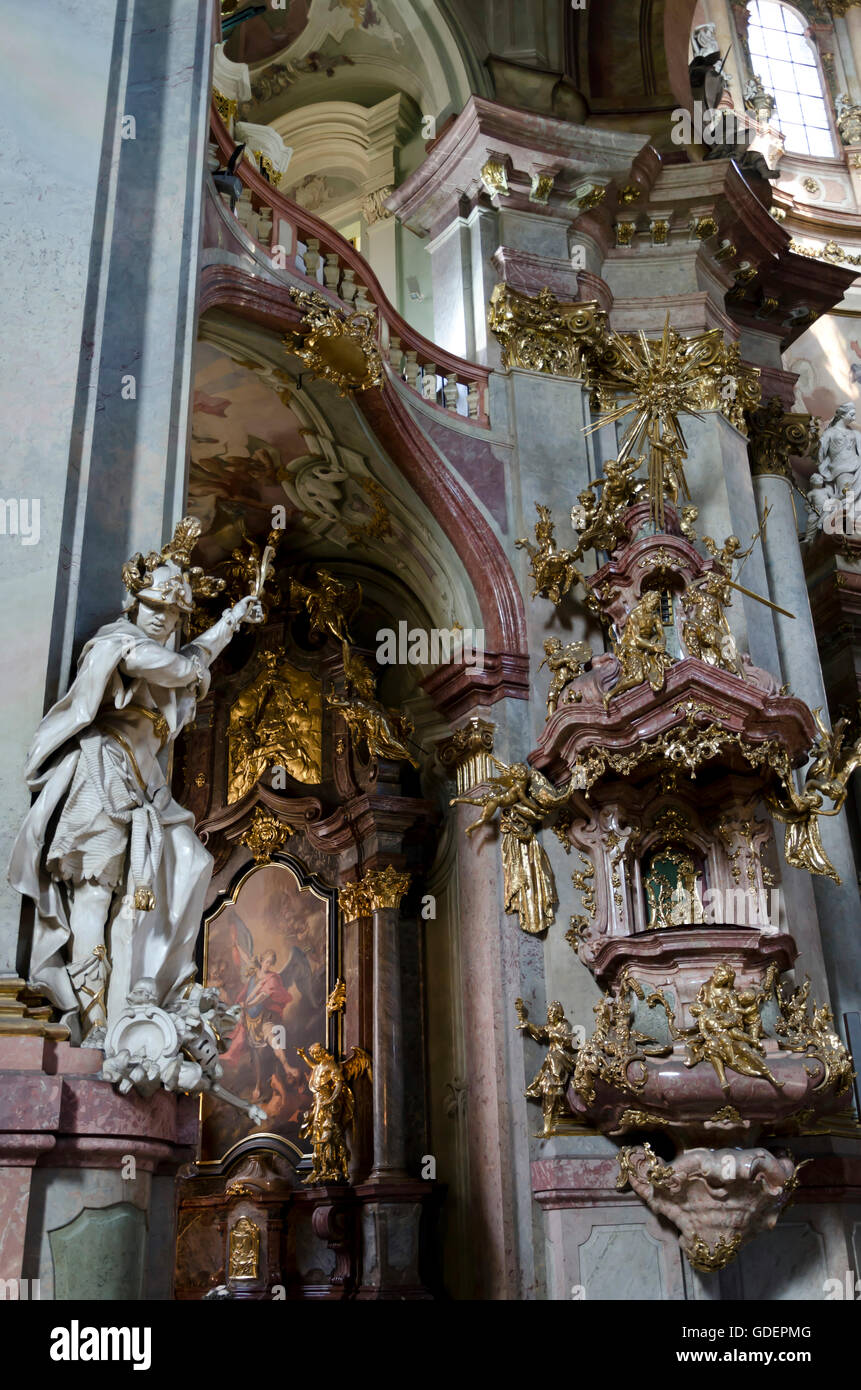Inside the highly-decorated Church of St Nicholas (Kostel Sv. Mikulase) in the centre of Prague (Praha) in the Czech Republic. Stock Photo