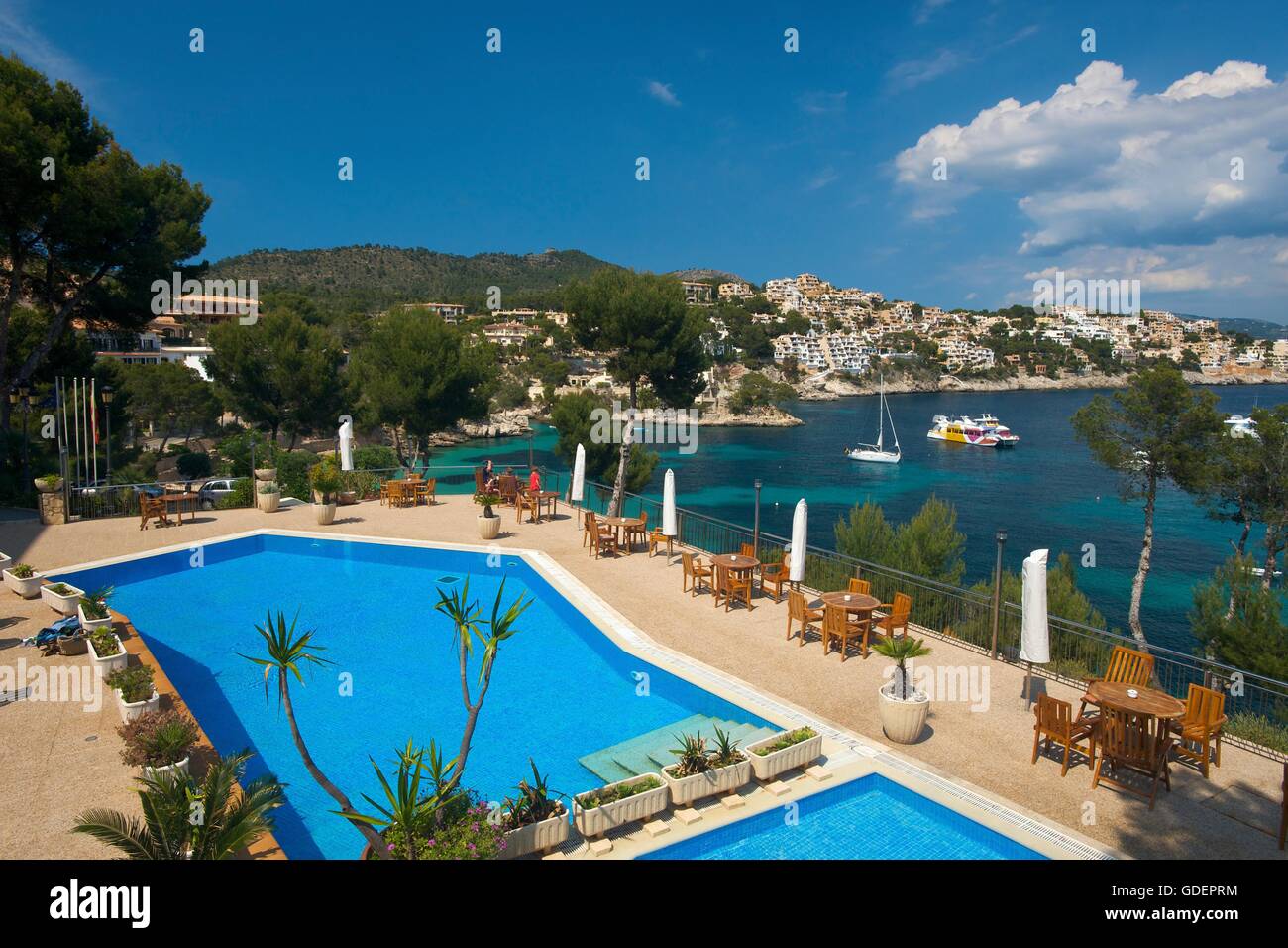 Swimming Pool, Cala Fornells, Mallorca, Majorca, Balearic Islands, Spain Stock Photo