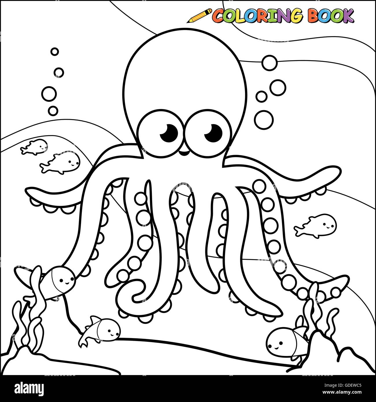 Vector Illustration of a black and white outline image of an octopus ...