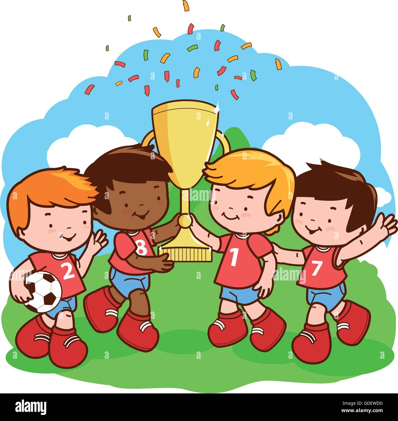 Three little soccer player winner boys cheering and holding the cup at the football field. Stock Vector