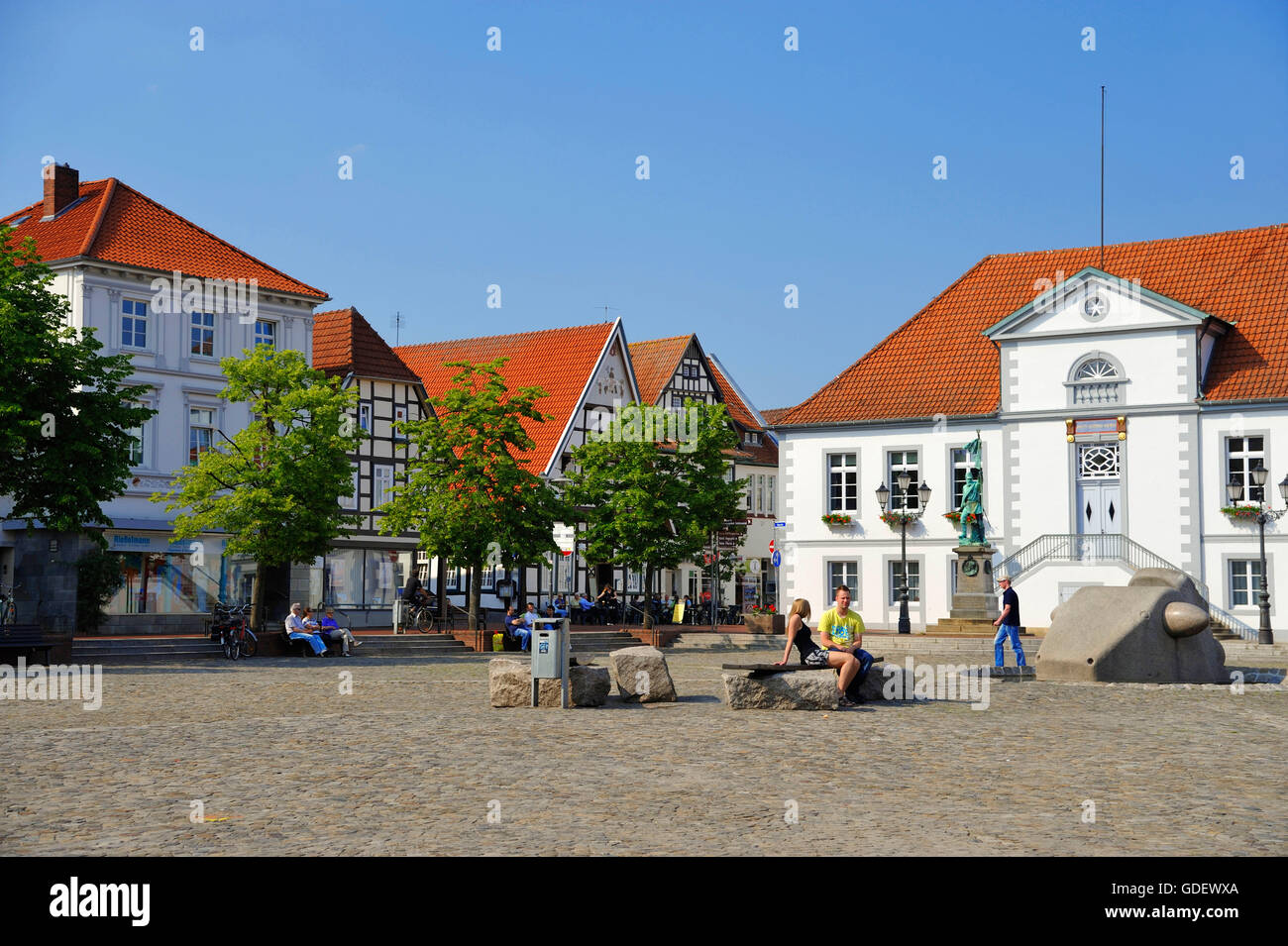 Market square and townhall, Quackenbruck, Lower Saxony, Germany / Quakenbrück Stock Photo