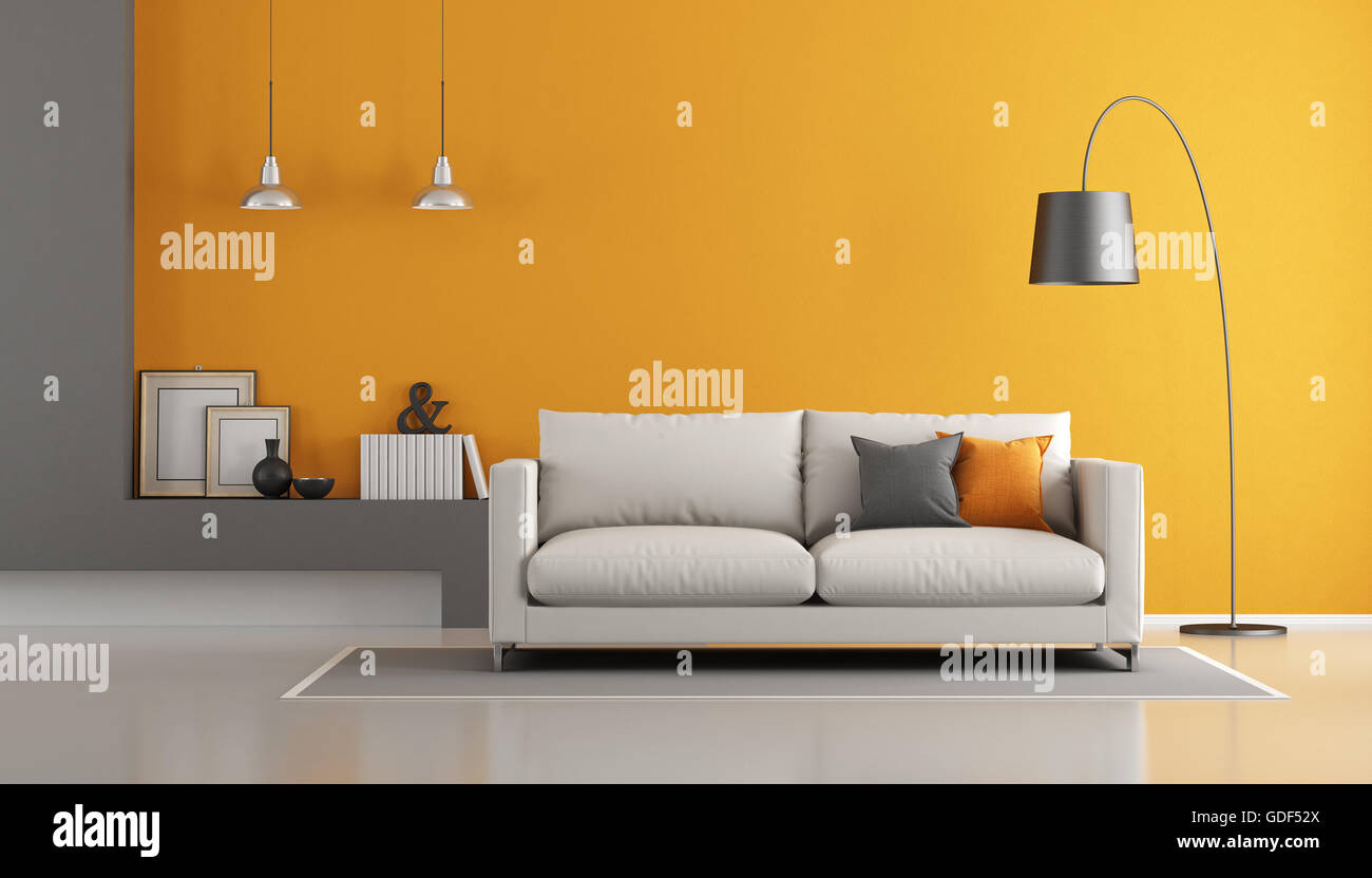 Gray and orange modern living room with sofa - 3d rendering Stock Photo ...