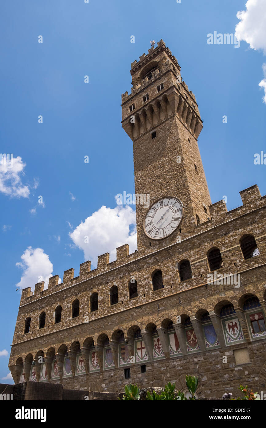Palazzo Vecchio tower seen from the roof of the Galleria degli Ufizzi, Florence, Tuscany, Italy Stock Photo