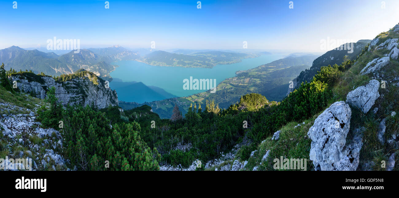 Steinbach am Attersee: view from summit Mahdlgupf to lake Attersee (front) and lake Mondsee , in centre mount Schafberg, Austria Stock Photo