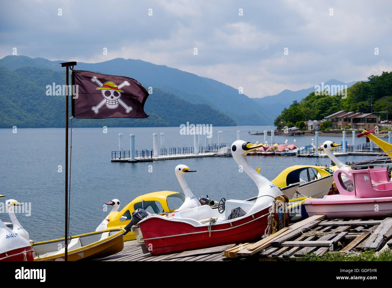 Pirate and swan boats at Lake Chuzenji in Nikko National Park, Japan. Stock Photo