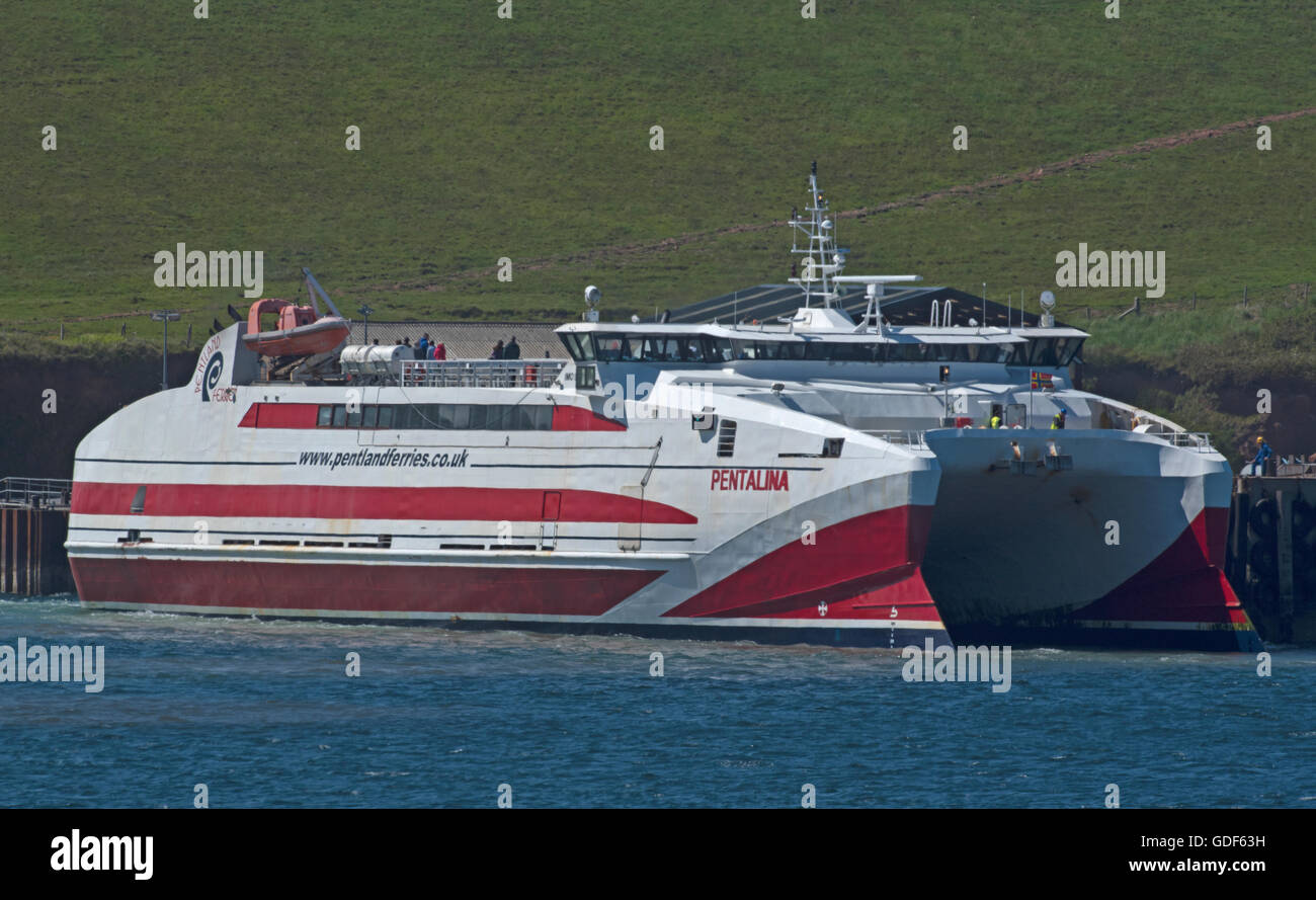 MV Pentalina is a 70m RoPax catamaran ferry sailing from Gills Bay to St Margaret's Hope in Orkney in Scotland.  SCO 10,730. Stock Photo