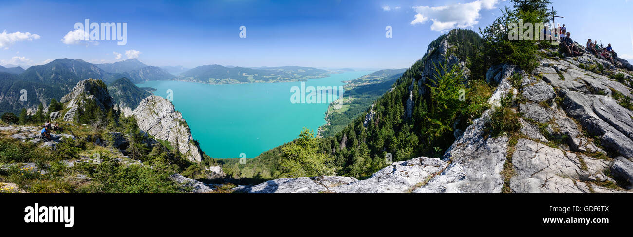 Steinbach am Attersee: view from summit Schoberstein to lake Attersee (front) and lake Mondsee , in centre mount Schafberg, Aust Stock Photo