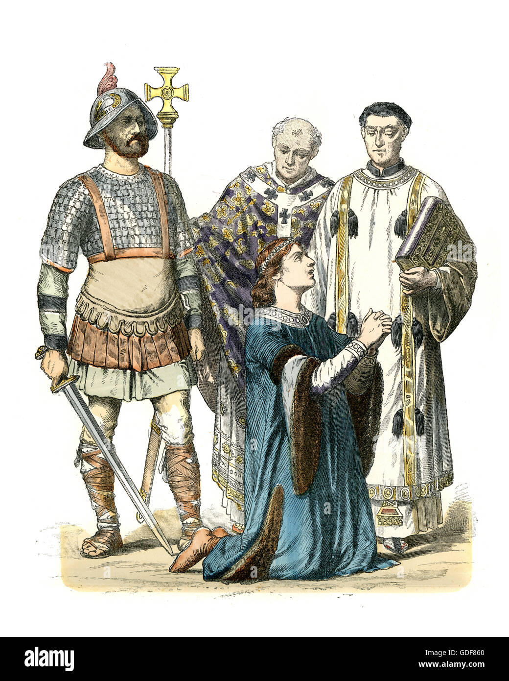 Costumes of the Carolingian era, 700 to 800 AD, Warrior, Priests and Noblewoman Stock Photo