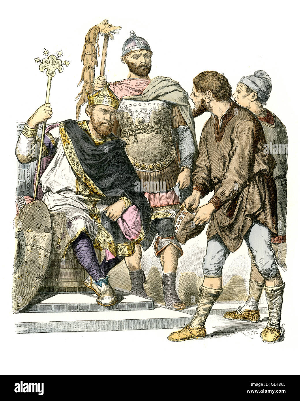 Costumes of the Carolingian era, 700 to 800 AD, King, Warrior and peasants Stock Photo