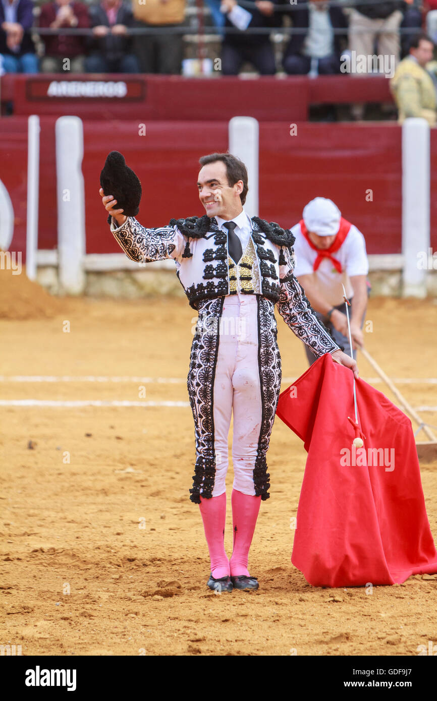 The Spanish Bullfighter El Cid greeting the public with its cap in the hand in gratitude to its bullfight in the Bullring of Po Stock Photo