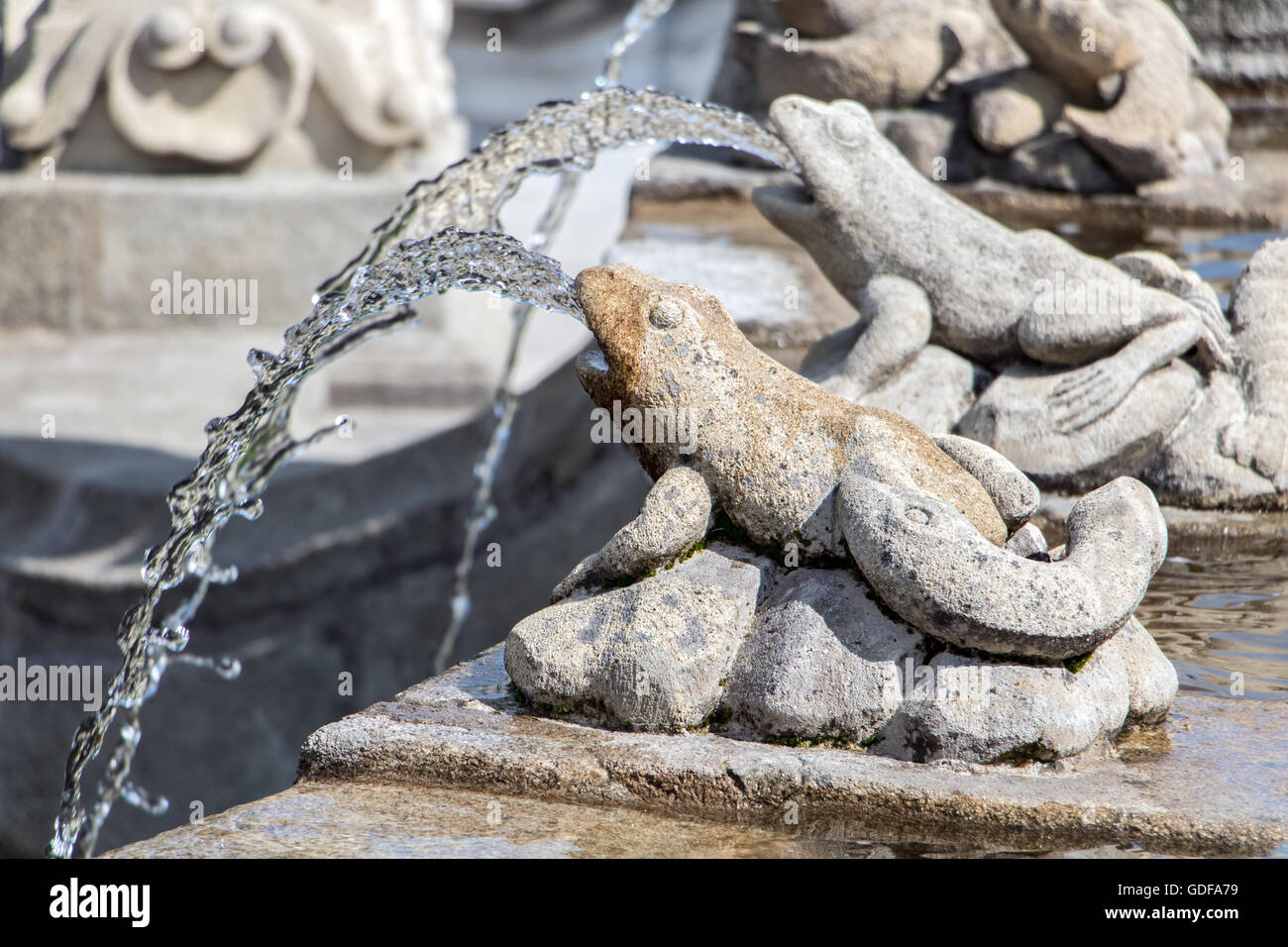 Frog squirts water - detail Fountain in the park at the castle of Cesky Krumlov, Czech republic Stock Photo
