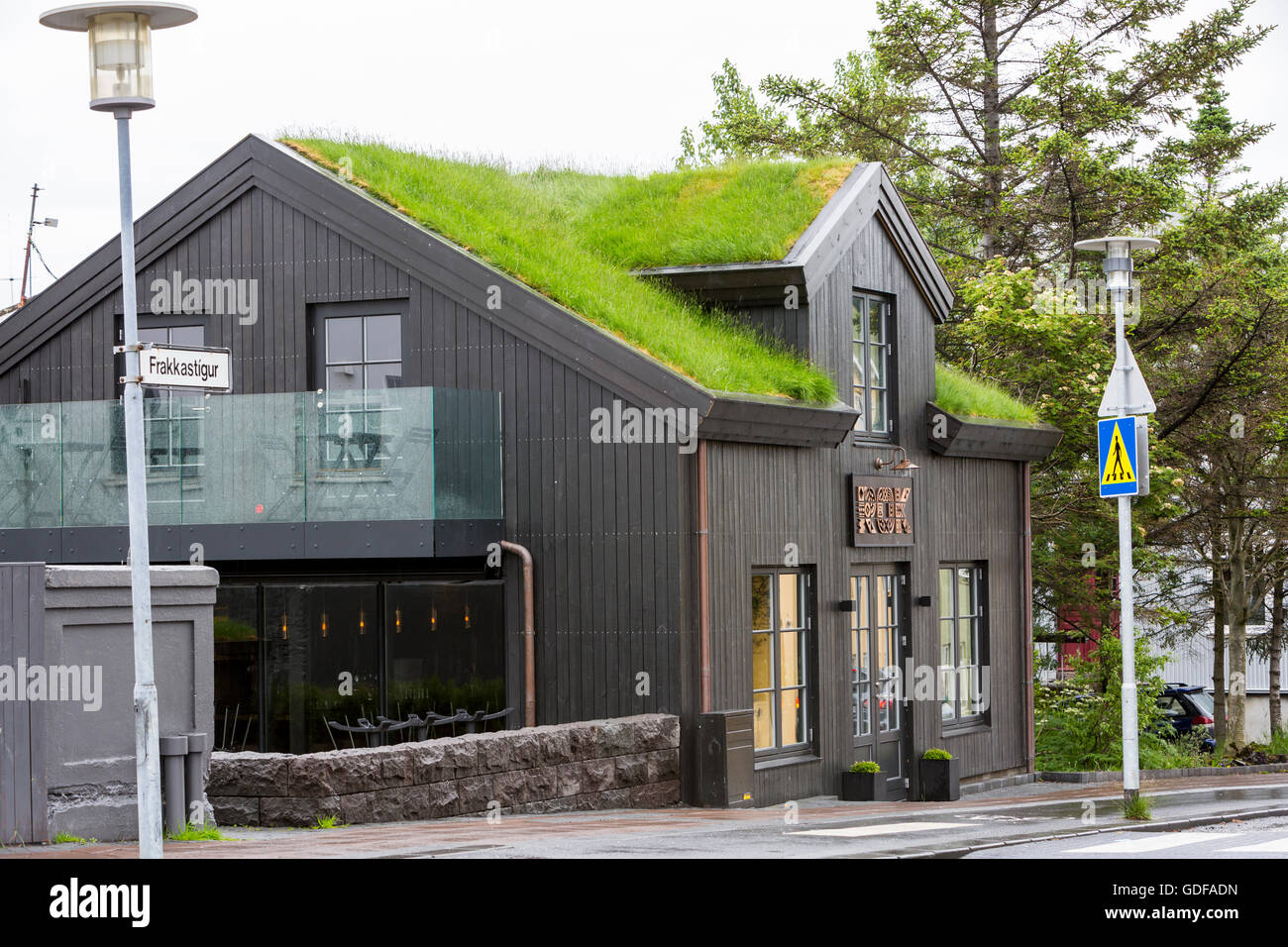 building with sod roof, Frakkastigur Street, Reykjavik, Iceland Stock Photo