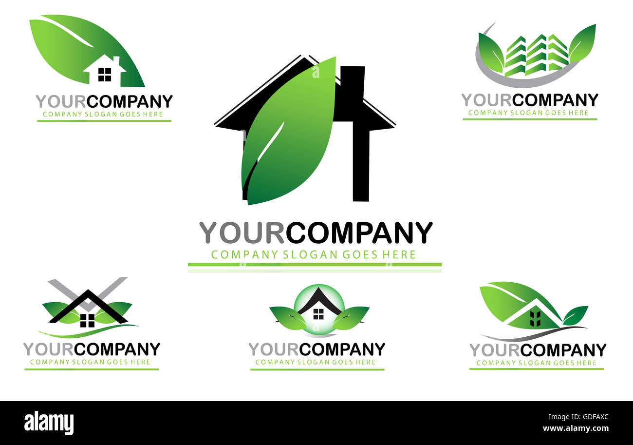 Green leaf real estate logo set Stock Photo Alamy