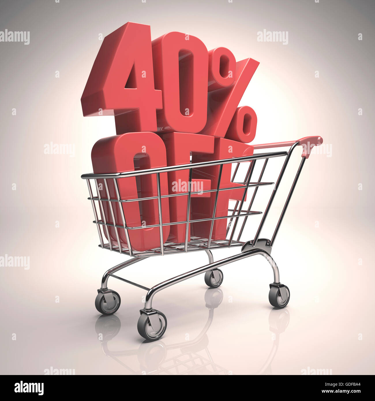 Shopping trolley with 40 per cent off sign, illustration Stock Photo