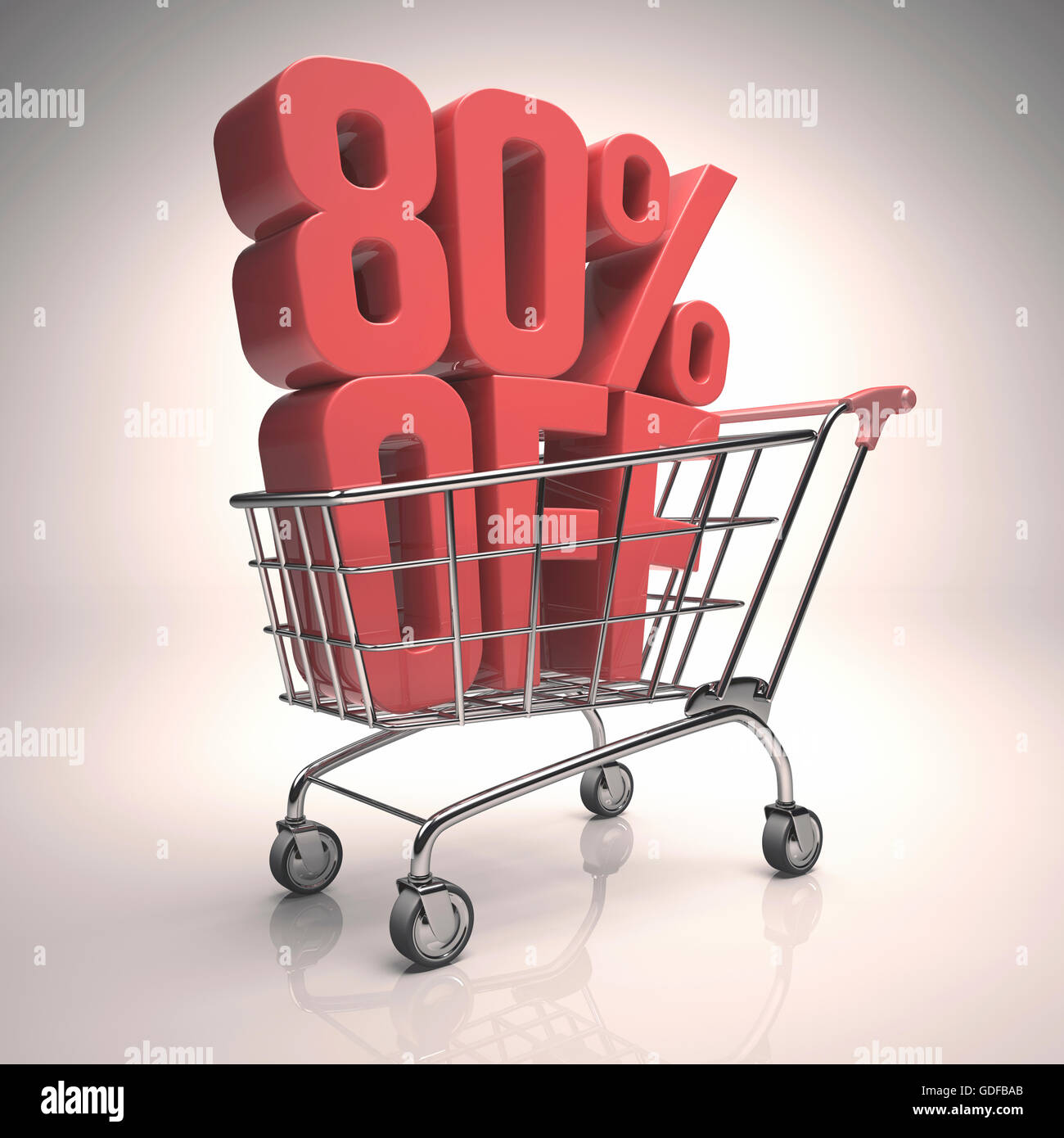 Shopping trolley with 80 per cent off sign, illustration. Stock Photo
