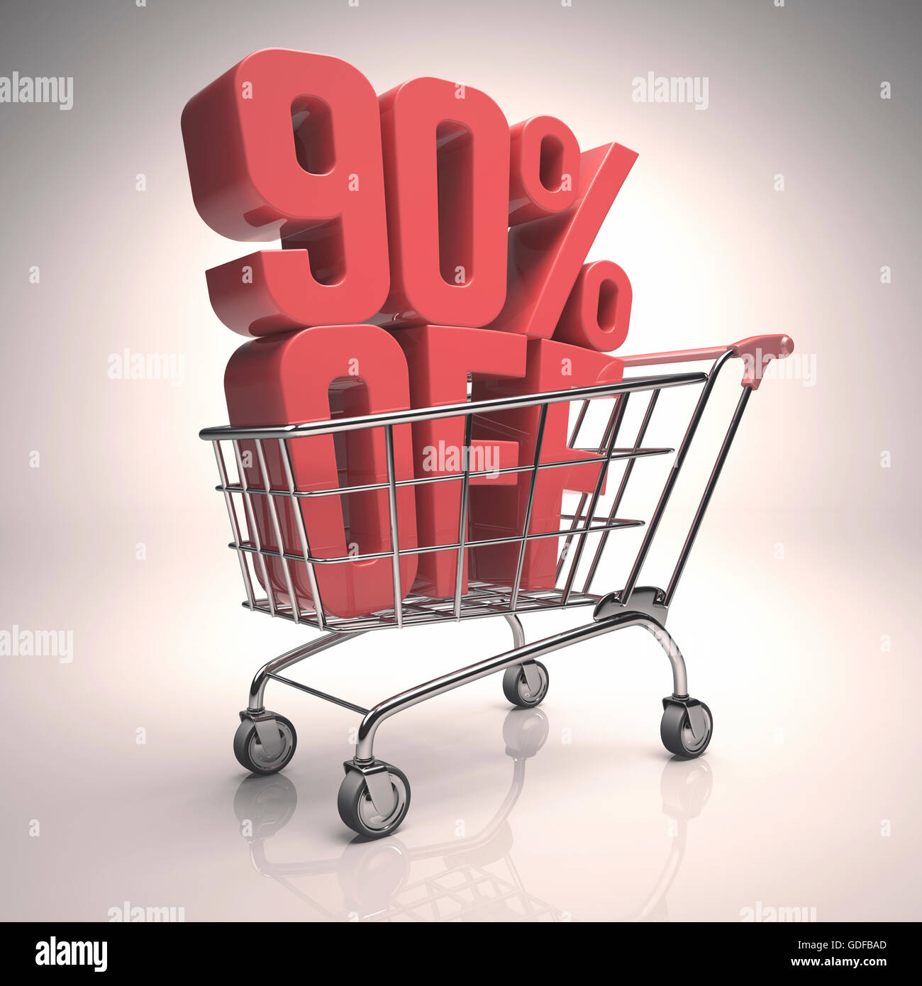Shopping trolley with 90 per cent off sign, illustration. Stock Photo