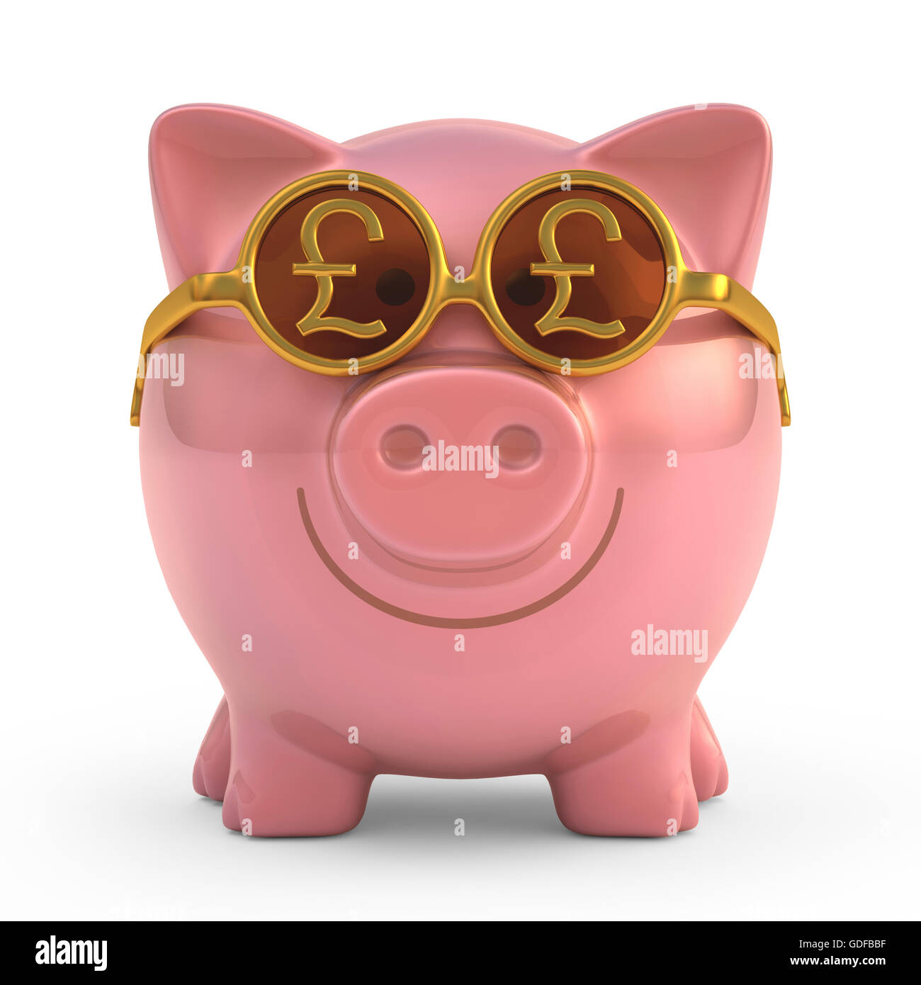 Piggy bank wearing British Pound sunglasses, illustration. Stock Photo