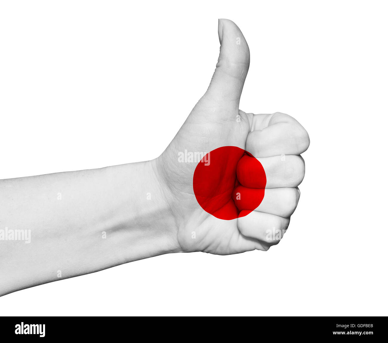 Hand with thumb up painted in colors of Japan flag isolated Stock Photo