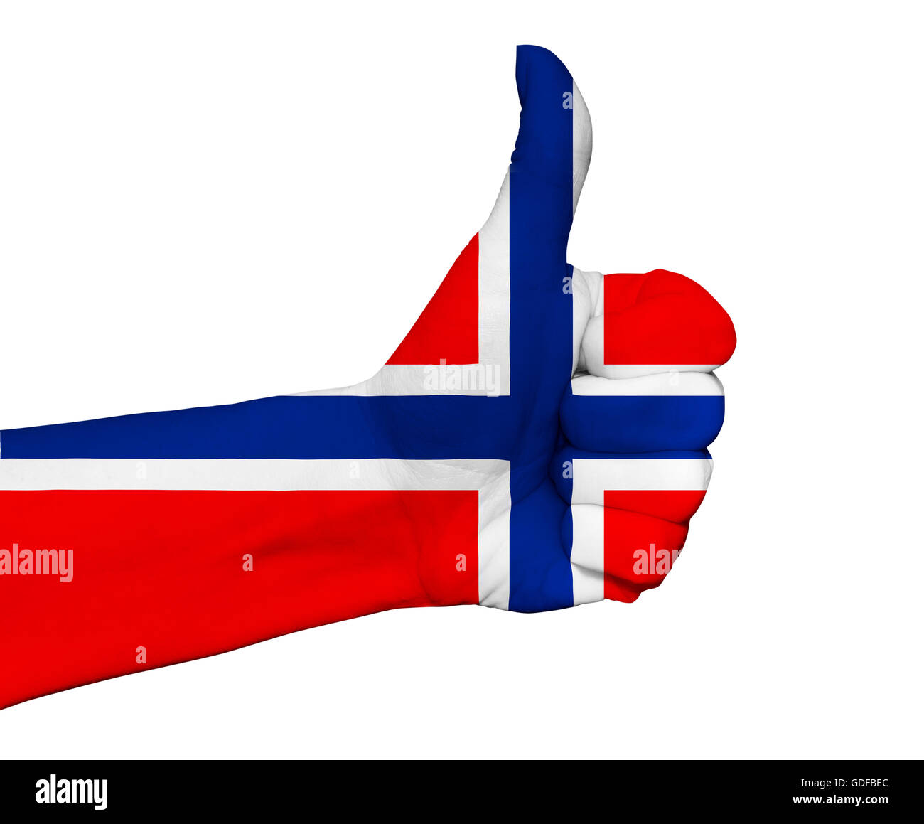Hand with thumb up painted in colors of Norway flag isolated Stock Photo