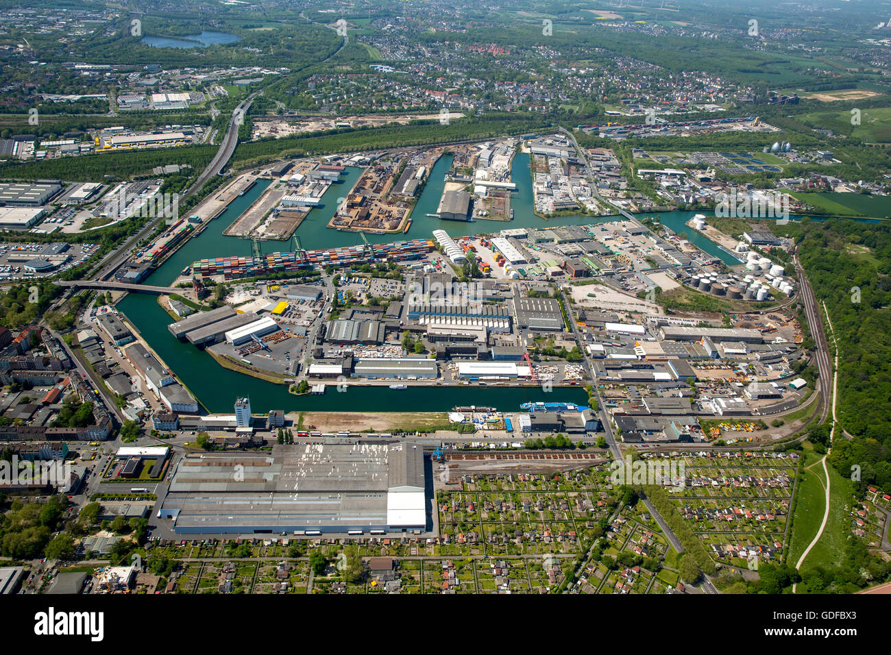 Aerial view, port of Dortmund, inland port, Dortmund-Ems Canal, container port, the Port of Dortmund AG, Dortmund, Ruhr district Stock Photo