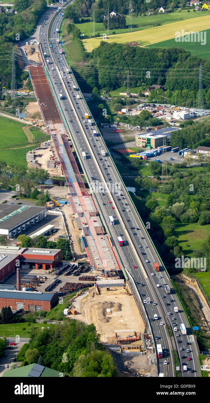 Aerial view, bridge renovation Autobahn A45, Saurelandlinie, Construction, Lenne Viaduct, Hagen, Ruhr district Stock Photo