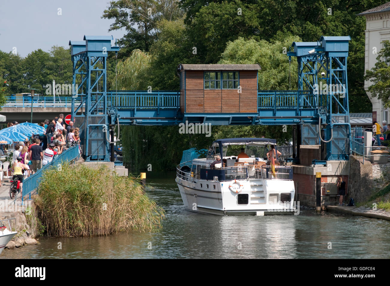 Vertical lift bridge, technical monument, Plau am See, Mecklenburg Lake District, Mecklenburg-Western Pomerania Stock Photo