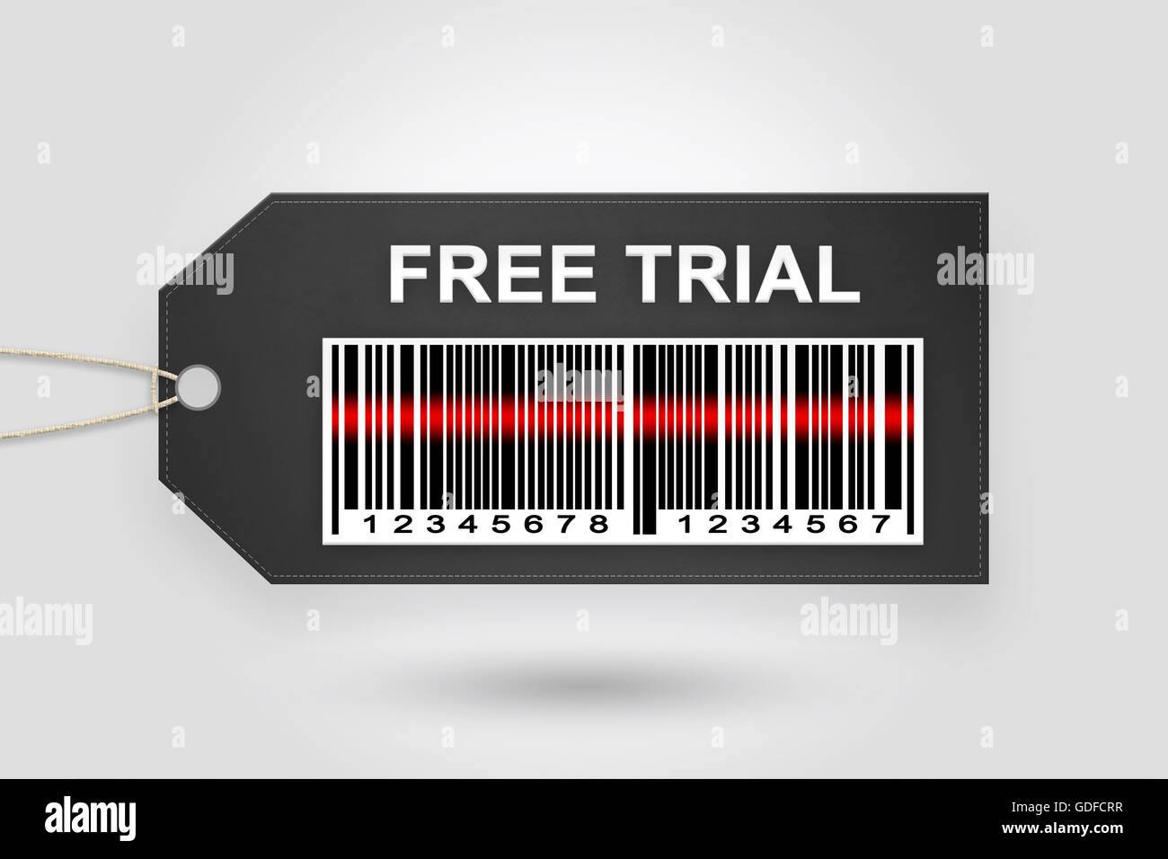 Free trial price tag with barcode and grey radial gradient background Stock Photo