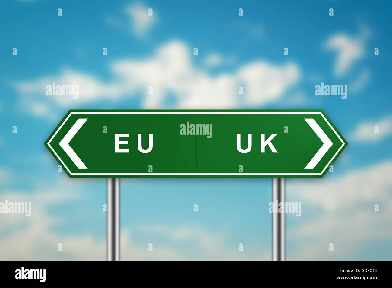 EURO and UK on green road sign with blurred blue sky, brexit or british exit concept Stock Photo