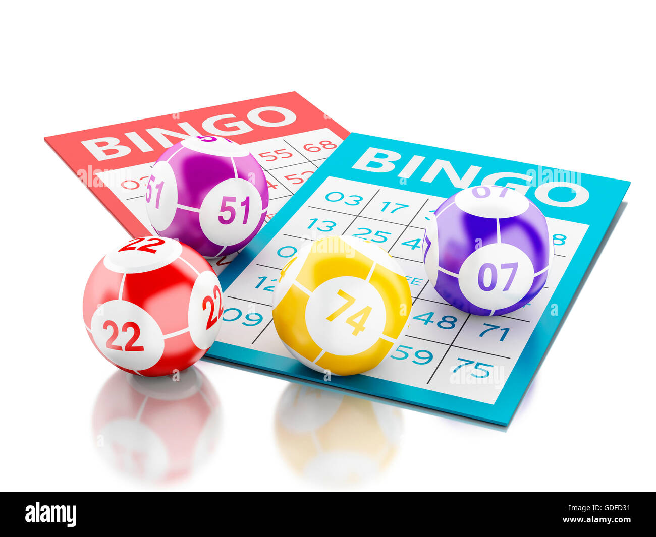 3d renderer image. Bingo cards with colorful bingo balls. Isolated white background. Stock Photo