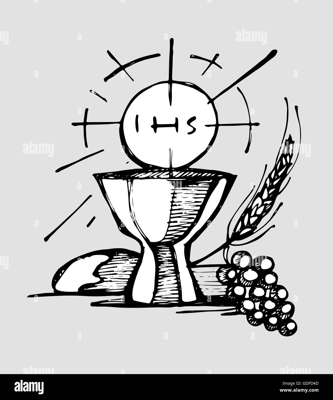 Hand drawn illustration or drawing of a Cup, a Host, bread, grapes and wheat, representing Eucharist Catholic Sacrament Stock Photo