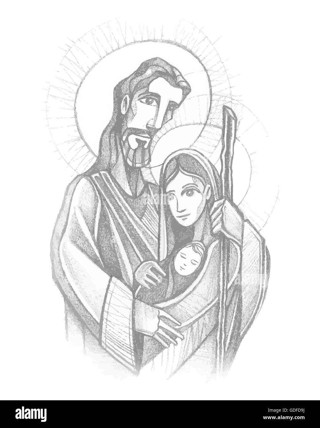 Hand drawn vector illustration or drawing of Jesus Joseph and mary, the Sacred Family Stock Photo