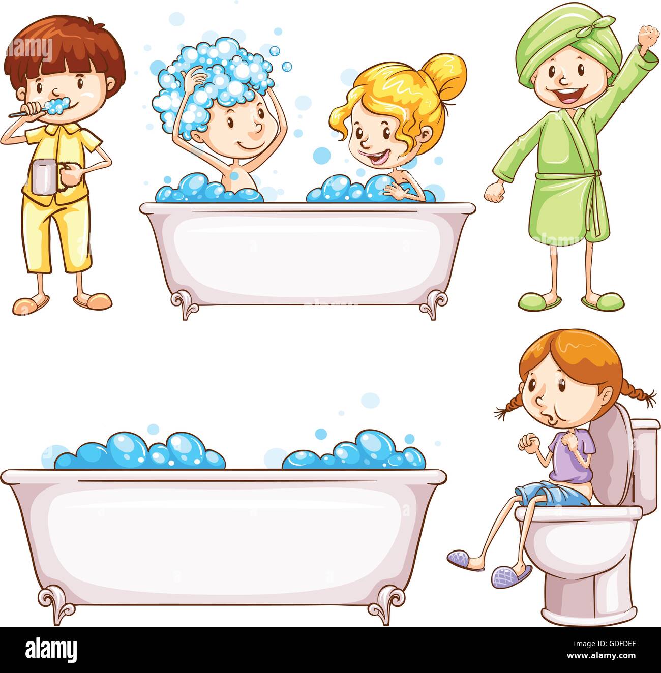 Children brushing teeth and taking bath illustration Stock Vector Image ...