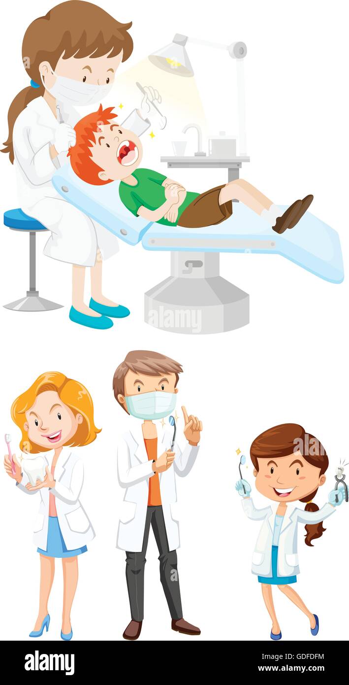Male and female dentists with tools illustration Stock Vector Image