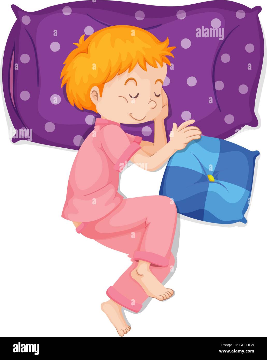 Boy In Pink Pajamas Sleeping On Purple Pillow Illustration Stock Vector