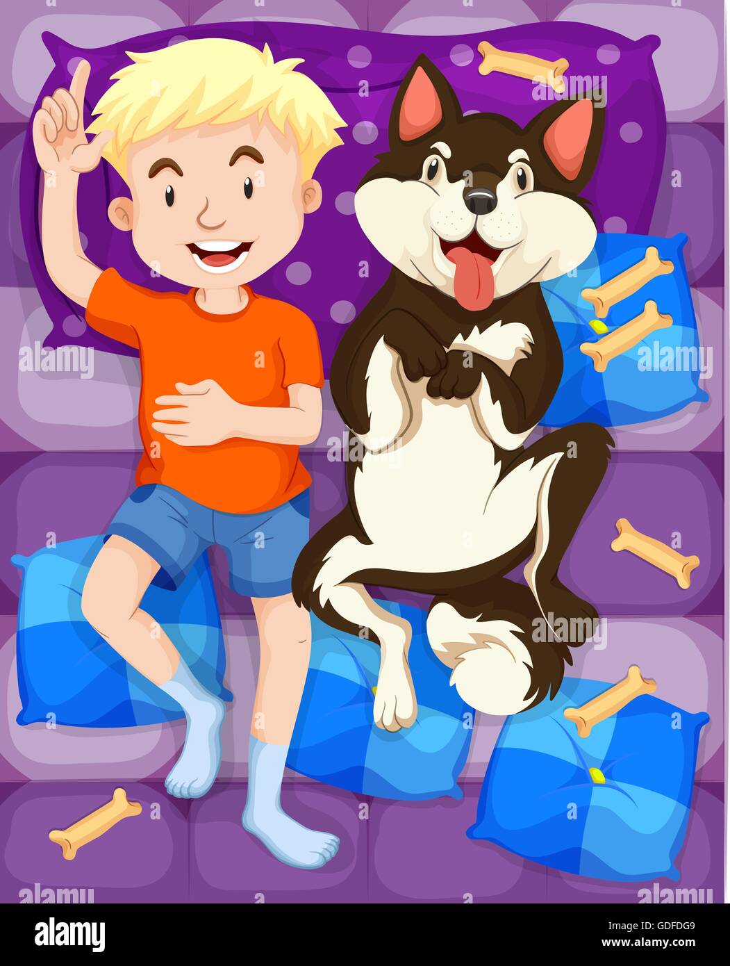 Boy sleeping with dog in bed illustration Stock Vector