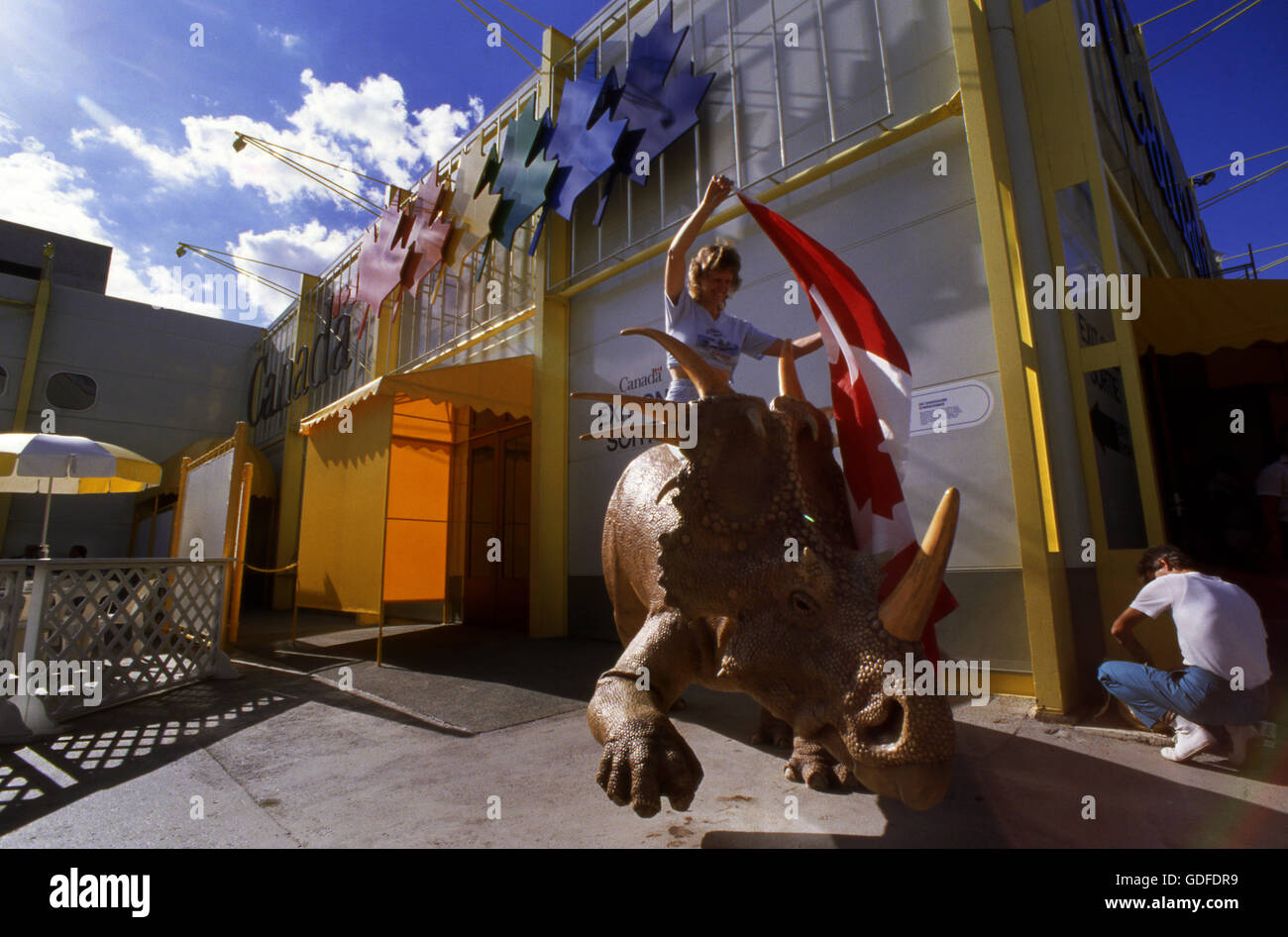 Triceratops dinosaur at the Canada Pavilion of Expo 88. Stock Photo