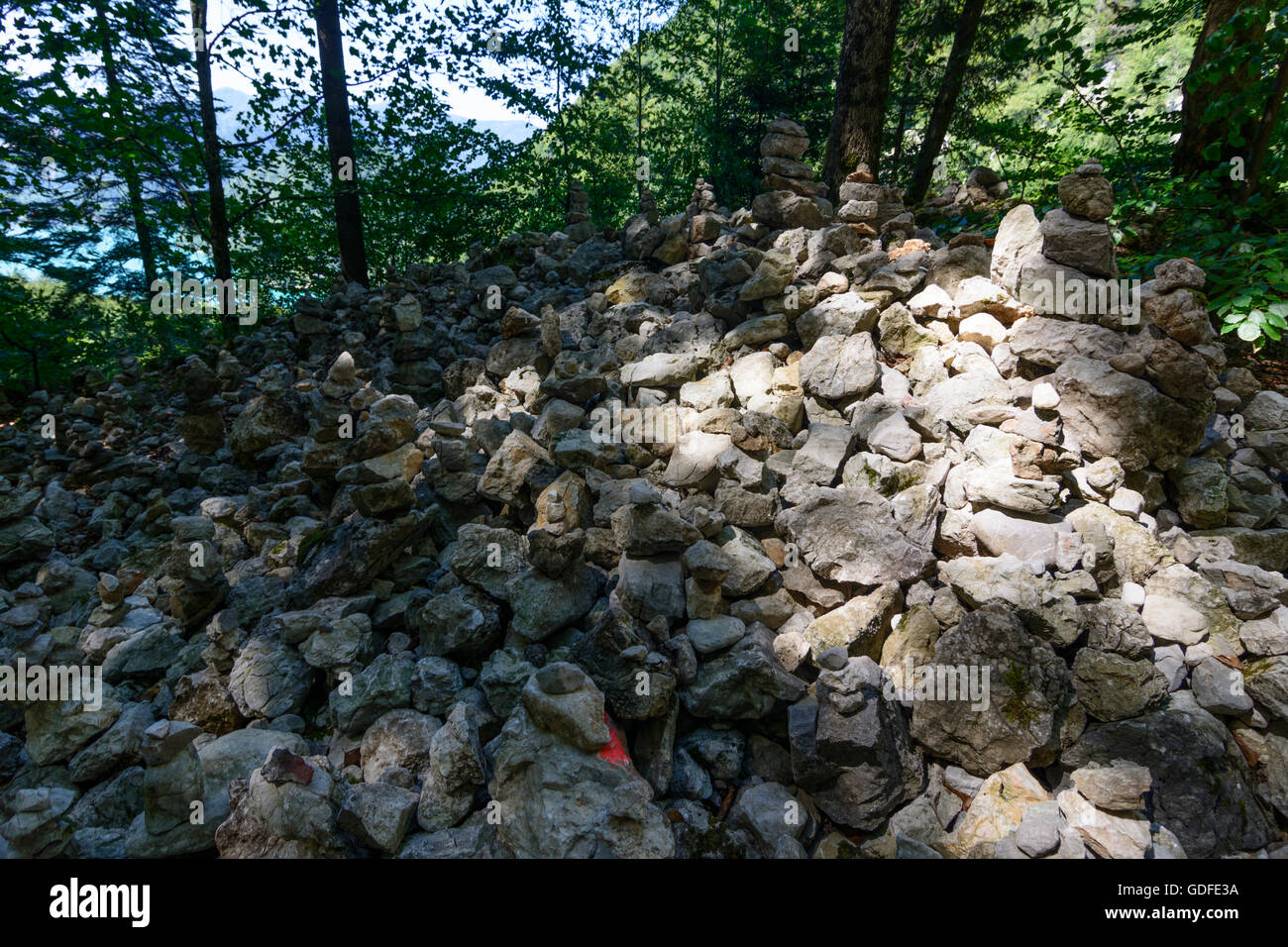 Sankt Gilgen: Cairn at the Chapel of the Cross : stones that were carried up by pilgrims to repentance from the Valley, Austria, Stock Photo