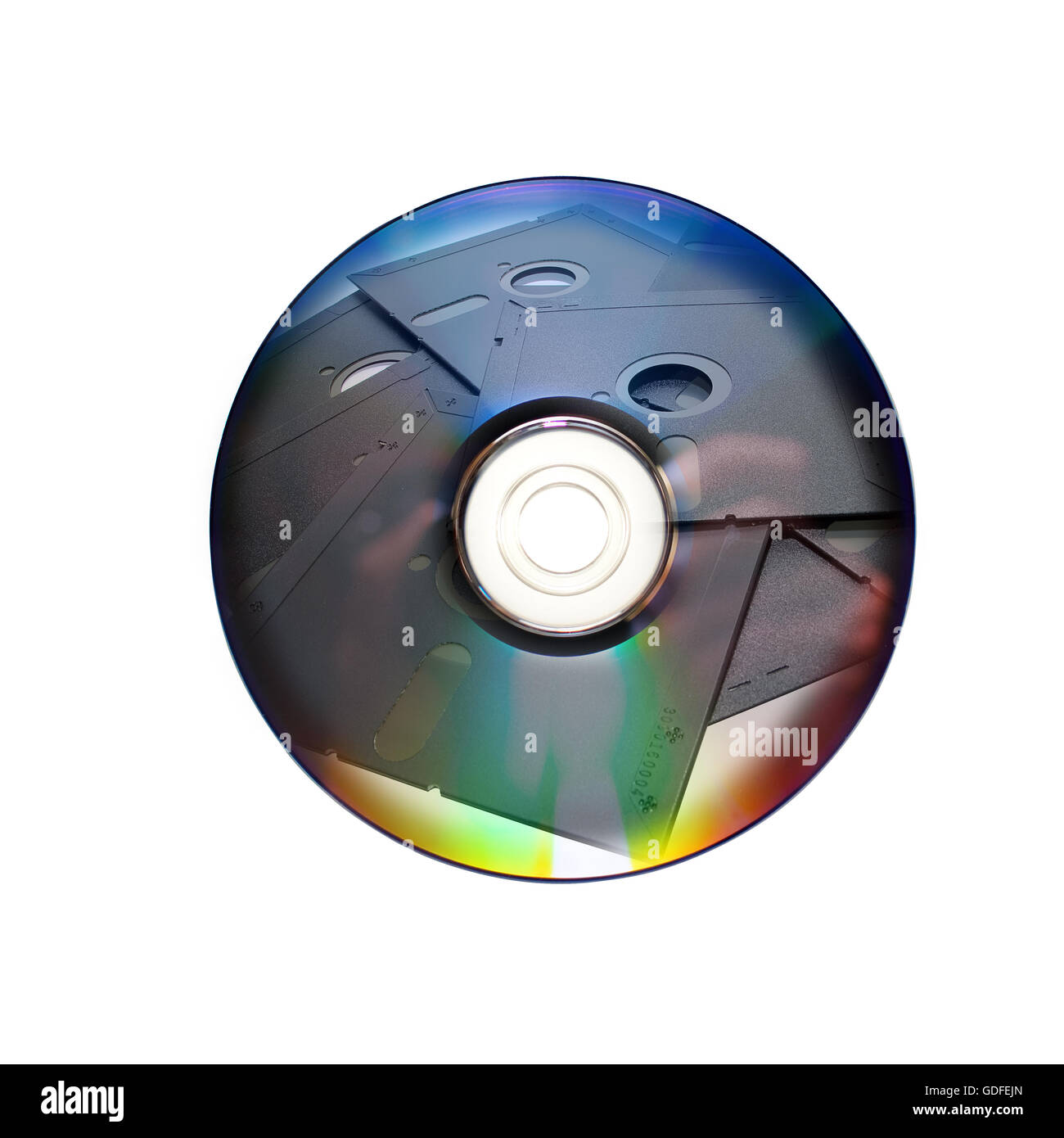 Dvd or cd and old floppy disk inside Stock Photo