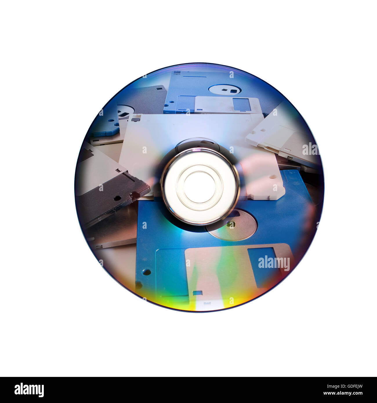Dvd or cd and old floppy disk inside Stock Photo