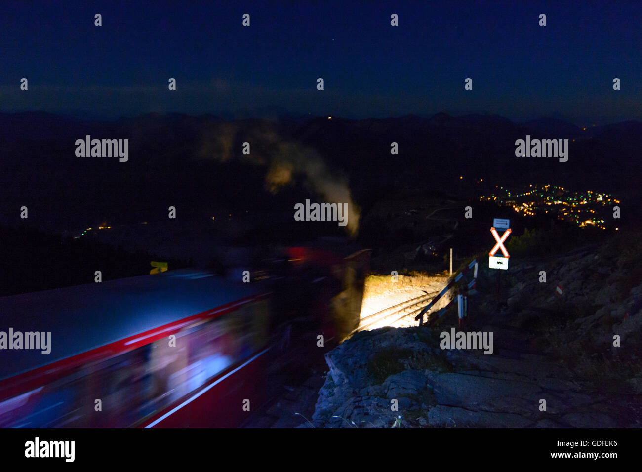 Sankt Gilgen: Train of furnicular Schafbergbahn at night, Austria, Salzburg, Salzkammergut Stock Photo