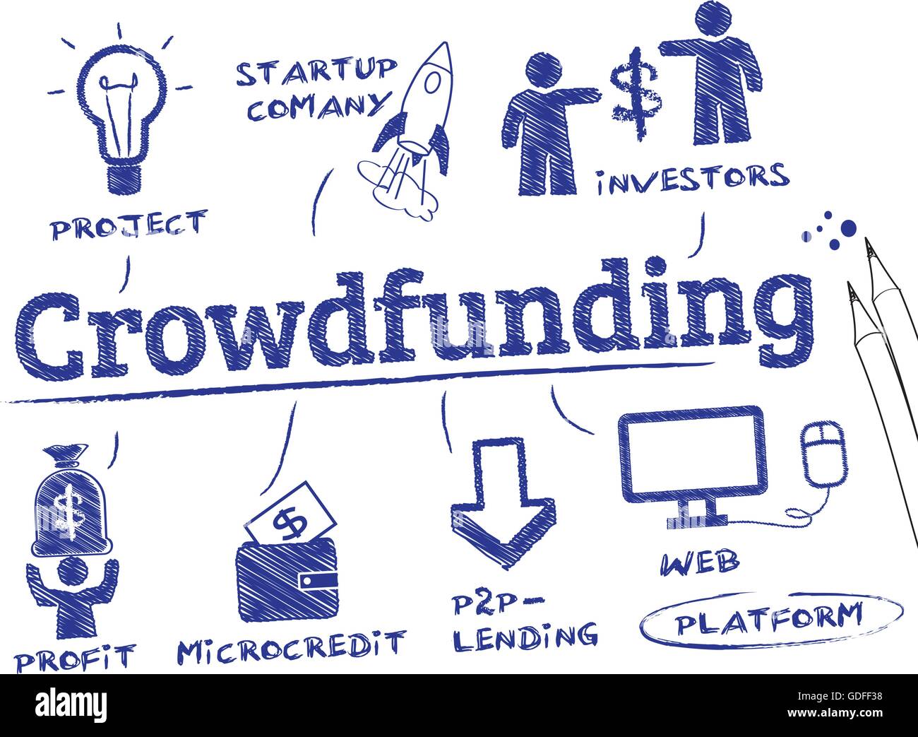 Investors - crowdfunding concept. Chart with keywords and icons Stock Vector