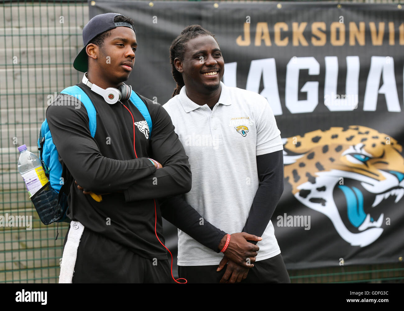 Denard Robinson (right) with a student during the Jacksonville Jaguars academy day at Loughborough University. PRESS ASSOCIATION Photo. Picture date: Friday July 15, 2016. Photo credit should read: Barry Coombs/PA Wire Stock Photo