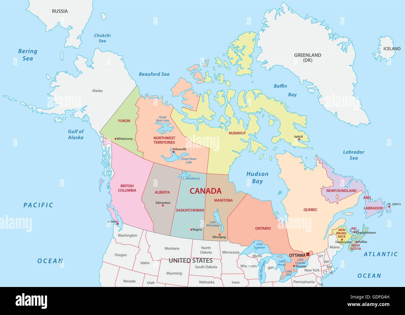 Vector Illustration of a Administrative and Political Map of Canada Stock Vector