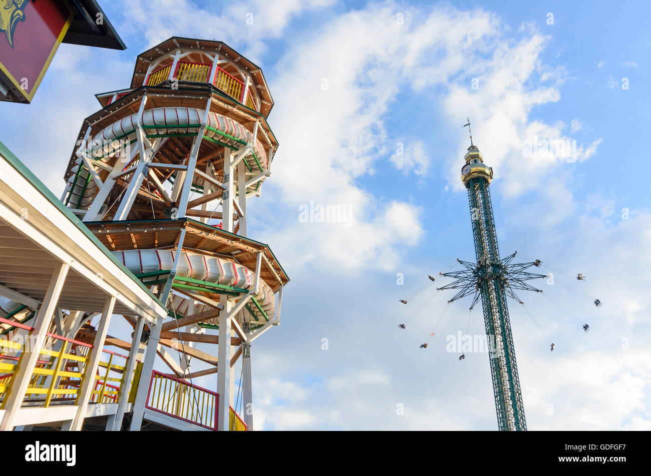 Wien, Vienna: Carousel Praterturm and the oldest wooden slide in the world - Toboggan in Prater, Austria, Wien, 02. Stock Photo