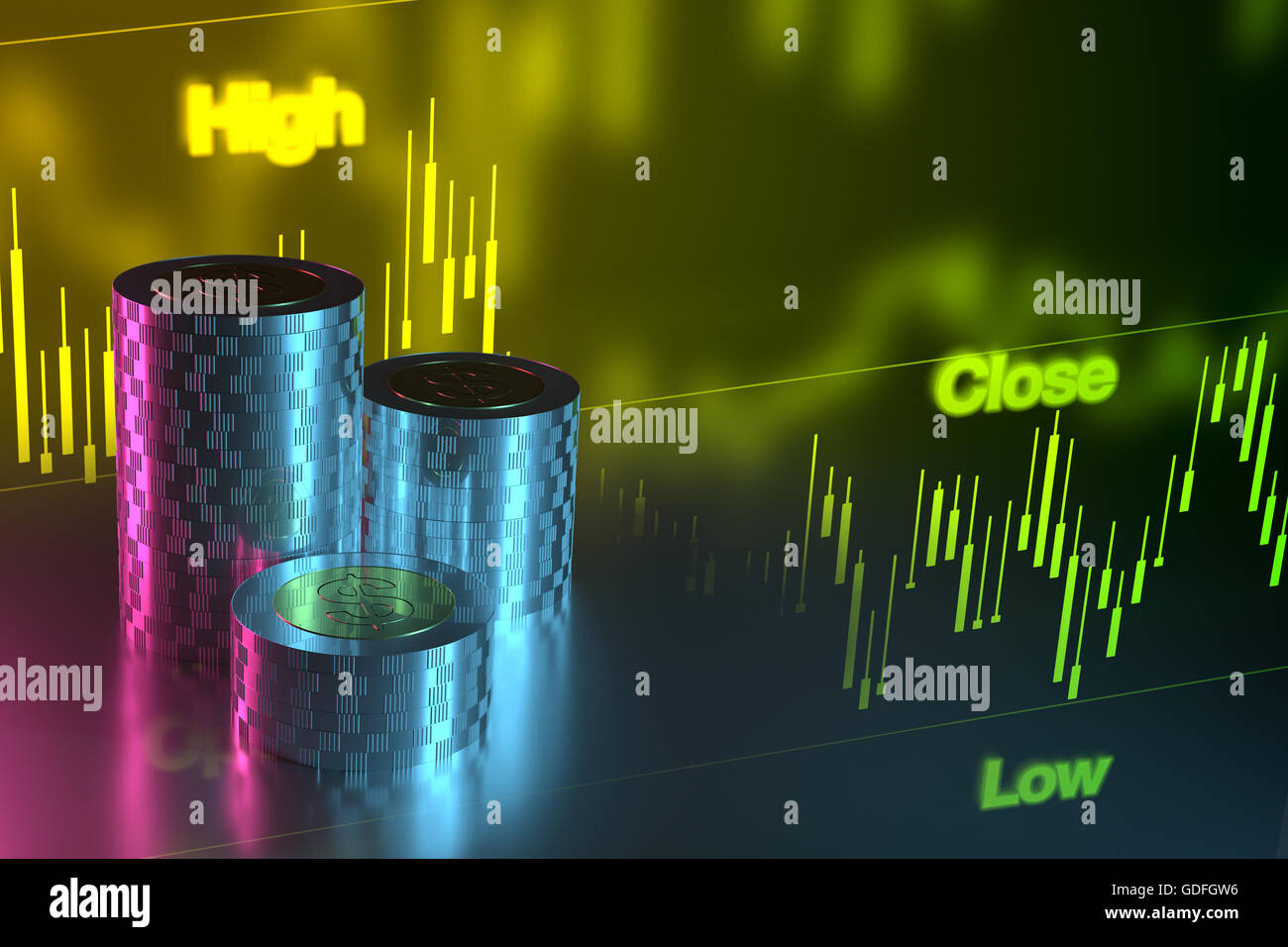 3D rendering chart of currency exchange with stacks of coins Stock ...